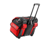Red and black racing gear bag with extendable handle, designed for Grand Prix racewear and motorsport equipment storage.