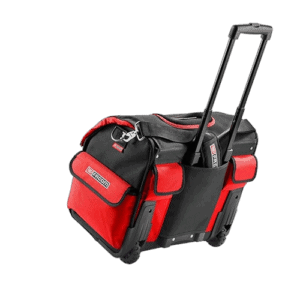 Red and black racing gear bag with extendable handle, designed for Grand Prix racewear and motorsport equipment storage.