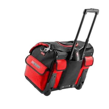 Red and black racing gear bag with extendable handle, designed for Grand Prix racewear and motorsport equipment storage.