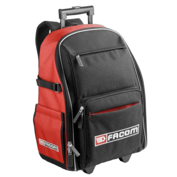 Facom rolling backpack Bs.Rb with black and red design, multiple compartments, and telescopic handle for easy transport.