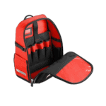 Red and black Grand Prix Racewear backpack with multiple compartments and tool holders for motorsport enthusiasts.