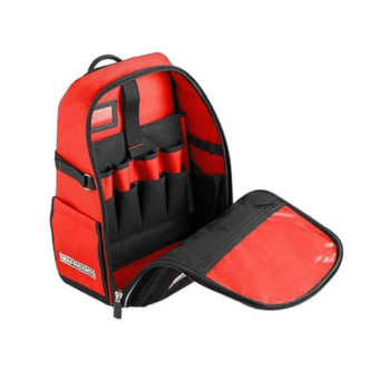 Red and black Grand Prix Racewear backpack with multiple compartments and tool holders for motorsport enthusiasts.