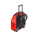 Red and black Grand Prix Racewear rolling backpack with telescopic handle and multiple compartments for motorsport gear.