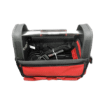 Race car steering wheel and safety gear stored in a red and black GPR Direct racewear bag for motorsport enthusiasts.