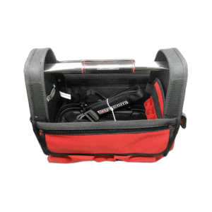 Race car steering wheel and safety gear stored in a red and black GPR Direct racewear bag for motorsport enthusiasts.
