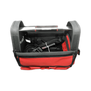 Race car steering wheel and safety gear stored in a red and black GPR Direct racewear bag for motorsport enthusiasts.
