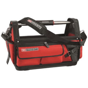Red and black Facom tool bag with adjustable shoulder strap and multiple compartments for professional racewear tools.