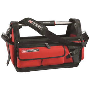 Red and black Facom tool bag with adjustable shoulder strap and multiple compartments for professional racewear tools.