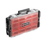 Red Facom toolbox with transparent lid for storing tools and accessories, ideal for motorsport and racing teams.