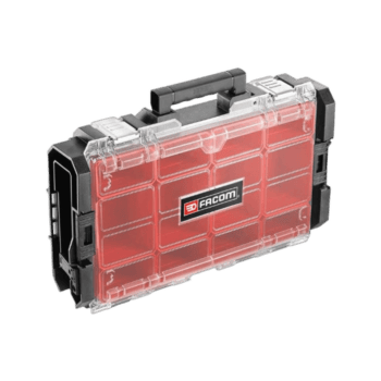 Red Facom toolbox with transparent lid for storing tools and accessories, ideal for motorsport and racing teams.