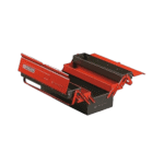 Red and black racing car toolbox with multiple compartments for Grand Prix racewear tools.