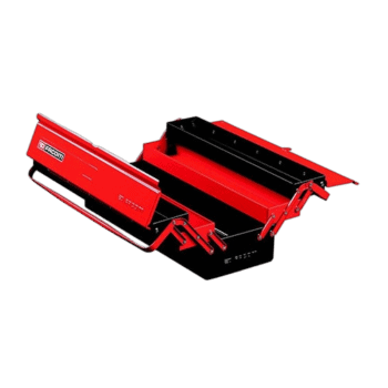 Red and black Grand Prix Racewear toolbox with compartments for racing gear and accessories.