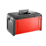 Red and black toolbox with handle, suitable for racewear equipment storage, on a black background.