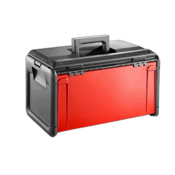 Red and black toolbox with handle, suitable for racewear equipment storage, on a black background.