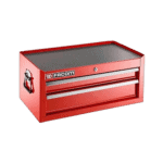 Red Facom tool chest with two drawers and a lock, ideal for garage or workshop storage.