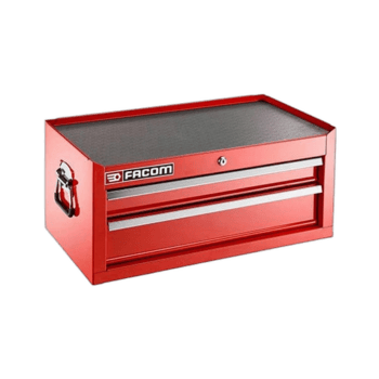 Red Facom tool chest with two drawers and a lock, ideal for garage or workshop storage.