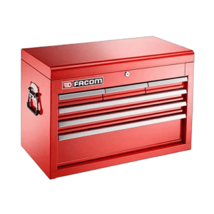 Red Facom 6 Drawers Metal Tool Chest with multiple drawers and lock, ideal for workshop storage.