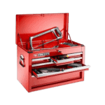 Red Facom tool chest with open drawers containing various hand tools, ideal for racewear and motorsport equipment storage.