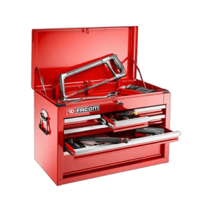 Red Facom tool chest with open drawers containing various hand tools, ideal for racewear and motorsport equipment storage.