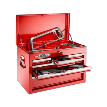 Red Facom tool chest with open drawers containing various hand tools, ideal for racewear and motorsport equipment storage.