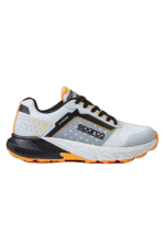 White Sparco racing shoe with black and orange accents, designed for motorsport safety and performance.