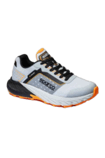Sparco racing shoe in white, black, and orange with breathable mesh and grip sole, designed for motorsport safety and performance.
