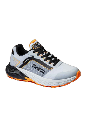 Sparco racing shoe in white, black, and orange with breathable mesh and grip sole, designed for motorsport safety and performance.