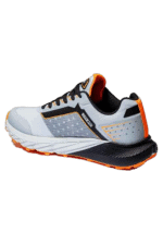 High-performance Grand Prix racing shoe with white, black, orange, and grey design, featuring advanced grip and comfort for motorsport drivers.