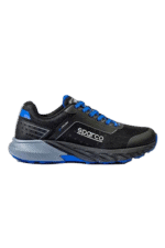 High-performance racing shoe from Grand Prix Racewear with black, blue, and grey design, featuring Sparco branding and advanced sole technology.