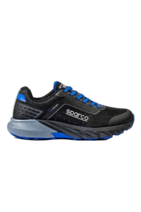 High-performance racing shoe from Grand Prix Racewear with black, blue, and grey design, featuring Sparco branding and advanced sole technology.