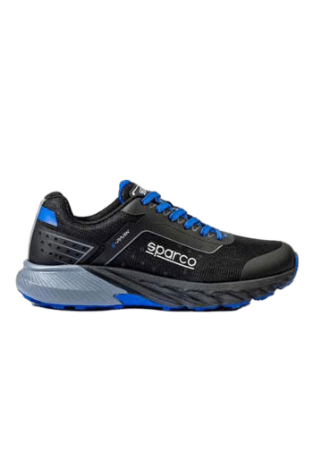 High-performance racing shoe from Grand Prix Racewear with black, blue, and grey design, featuring Sparco branding and advanced sole technology.