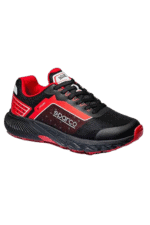 Red and black Sparco racing shoe designed for motorsport safety and performance.