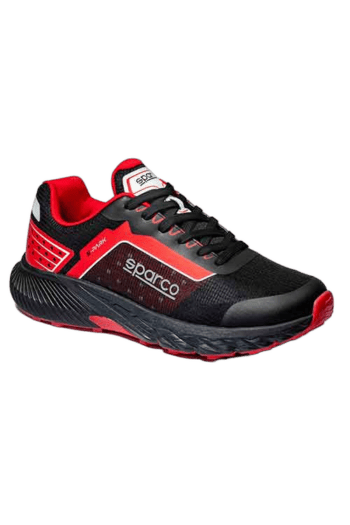 Red and black Sparco racing shoe designed for motorsport safety and performance.