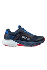 Blue and black Sparco racing shoe with red accents, designed for motorsport safety and performance.