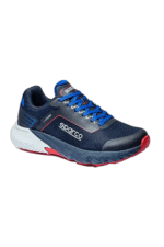 Sparco racing shoe in navy blue with red and white accents, designed for motorsport safety and performance.