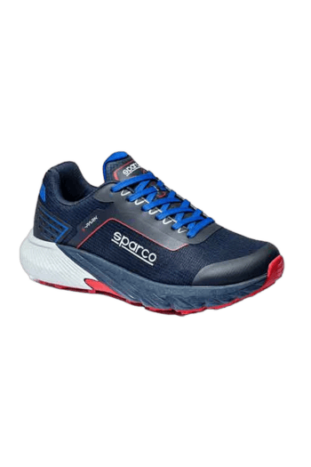 Sparco racing shoe in navy blue with red and white accents, designed for motorsport safety and performance.