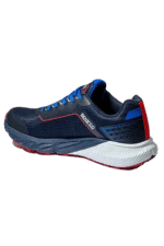 Close-up of a blue and black racing shoe with red accents, designed for motorsport enthusiasts and professional drivers.