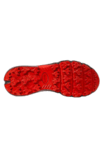 Red racing shoe sole with aggressive tread pattern for high grip and performance on the track.