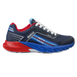 Sparco racing shoe in blue, red, and black with racing branding and lightweight design for motorsport enthusiasts.