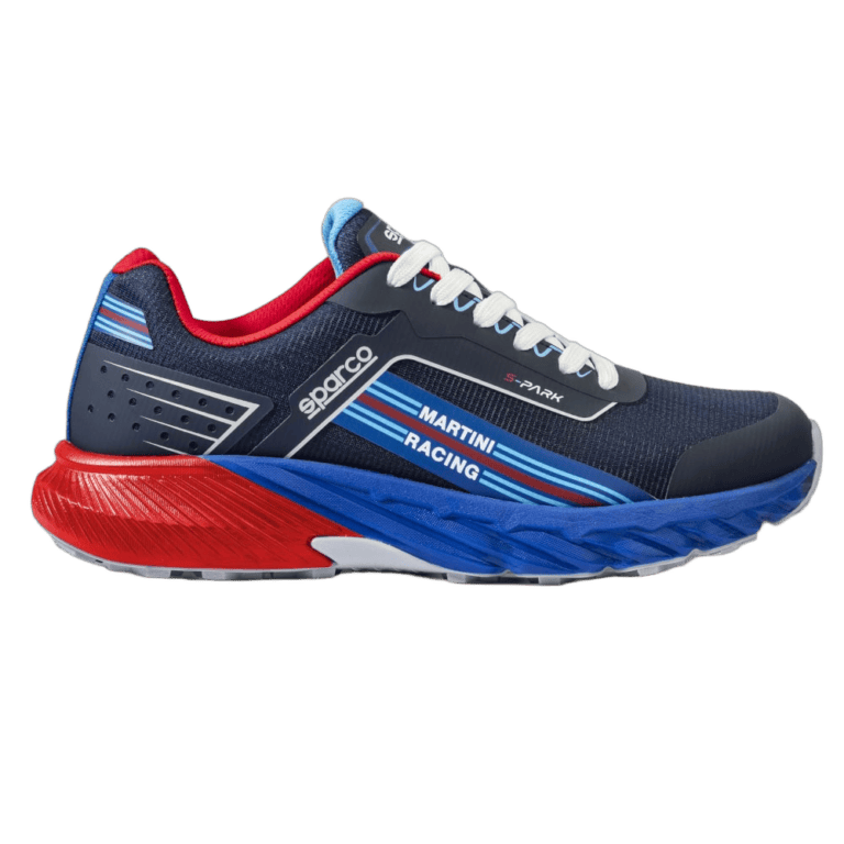 Sparco racing shoe in blue, red, and black with racing branding and lightweight design for motorsport enthusiasts.