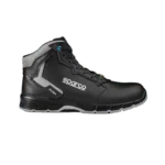 Black and grey Sparco racing shoe designed for motorsport safety and performance, featuring high ankle support and durable materials.