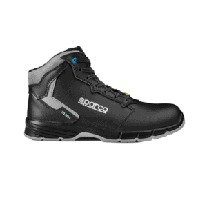 Black and grey Sparco racing shoe designed for motorsport safety and performance, featuring high ankle support and durable materials.
