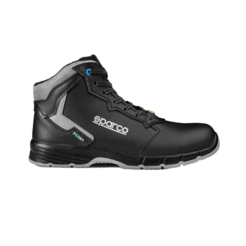 Black and grey Sparco racing shoe designed for motorsport safety and performance, featuring high ankle support and durable materials.