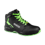 Black Sparco racing boot with neon green laces and accents, designed for motorsport safety and performance.