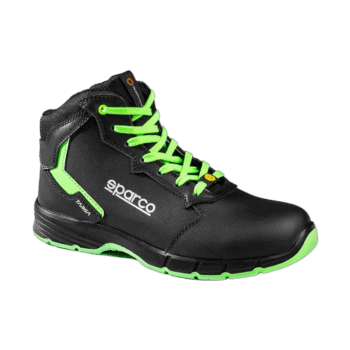 Black Sparco racing boot with neon green laces and accents, designed for motorsport safety and performance.