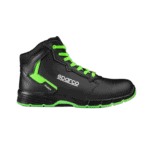 Black Sparco racing boot with green accents and laces, designed for motorsport safety and performance.