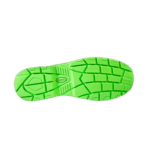 Bright green racing shoe sole designed for motorsport safety and grip, featuring detailed tread pattern for optimal performance.