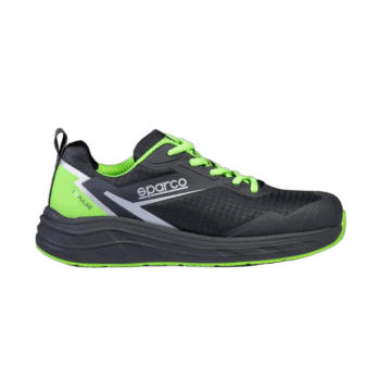 Sparco racing shoe with black, neon green, and white design, ideal for motorsport enthusiasts and racewear.