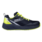 Sparco Pulse racing shoe in black and neon yellow, designed for motorsport enthusiasts and professional drivers.
