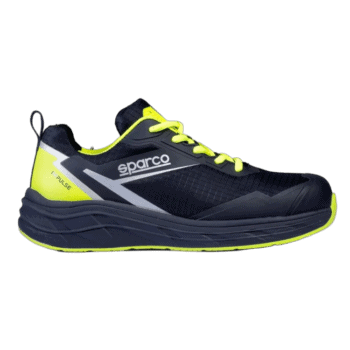 Sparco Pulse racing shoe in black and neon yellow, designed for motorsport enthusiasts and professional drivers.